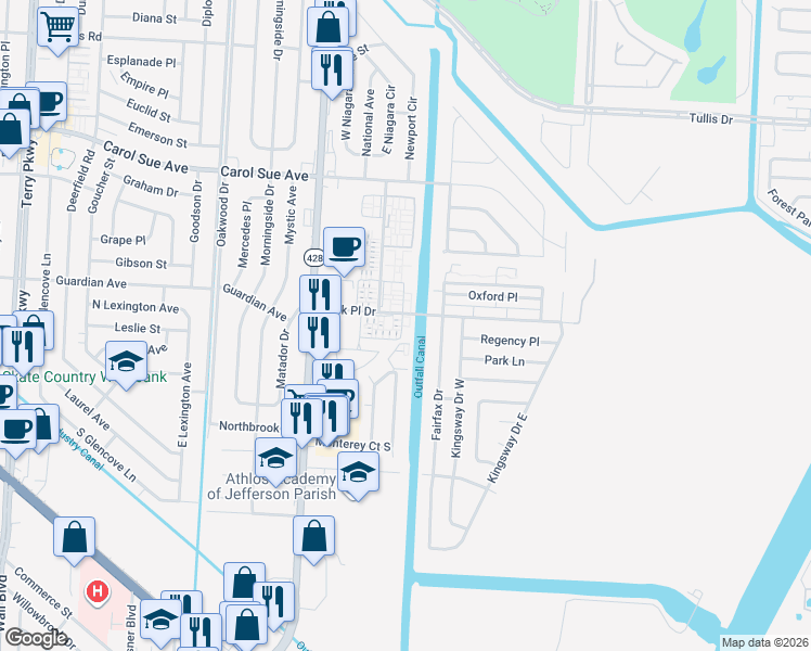 map of restaurants, bars, coffee shops, grocery stores, and more near 2350 Park Place Drive in Gretna