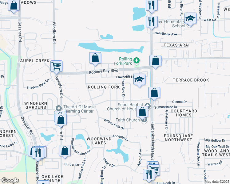 map of restaurants, bars, coffee shops, grocery stores, and more near 8310 Tiger Lane in Houston