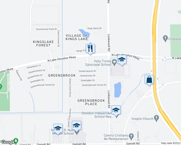 map of restaurants, bars, coffee shops, grocery stores, and more near 12410 Greencanyon Drive in Houston