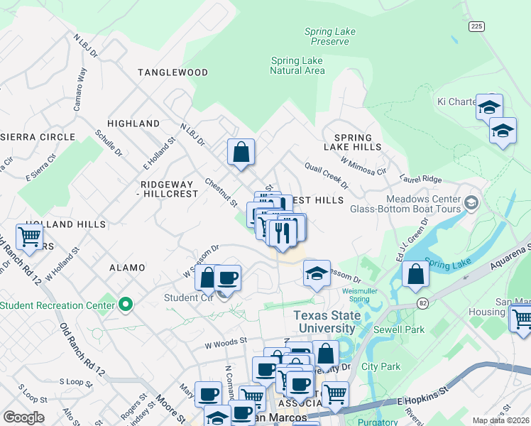 map of restaurants, bars, coffee shops, grocery stores, and more near 906 Chestnut Street in San Marcos
