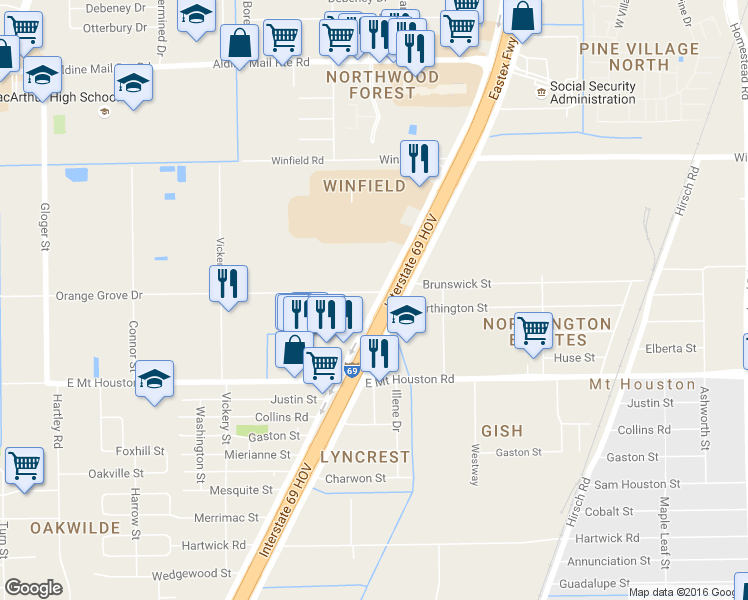 map of restaurants, bars, coffee shops, grocery stores, and more near 4934 Orange Grove Dr in Houston