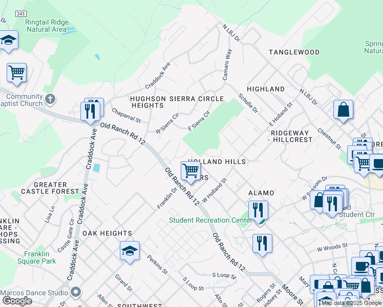 map of restaurants, bars, coffee shops, grocery stores, and more near 1523 Owens Street in San Marcos