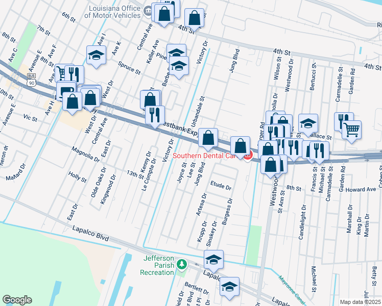 map of restaurants, bars, coffee shops, grocery stores, and more near 921 Lee Street in Marrero