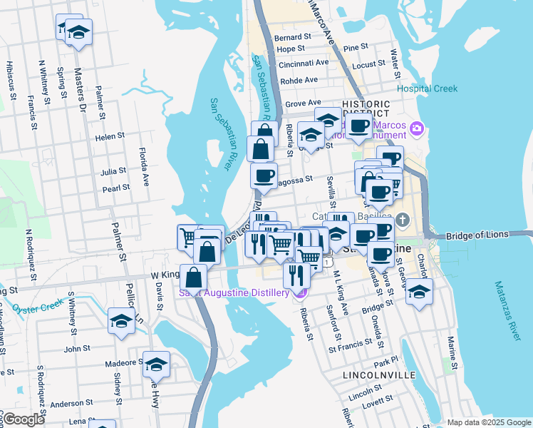 map of restaurants, bars, coffee shops, grocery stores, and more near 170 Malaga Street in St. Augustine