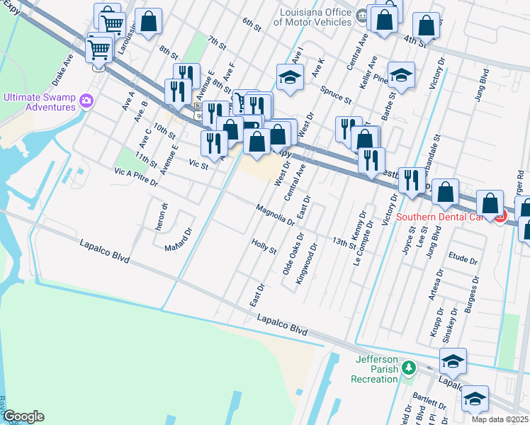 map of restaurants, bars, coffee shops, grocery stores, and more near 1222 West Drive in Westwego