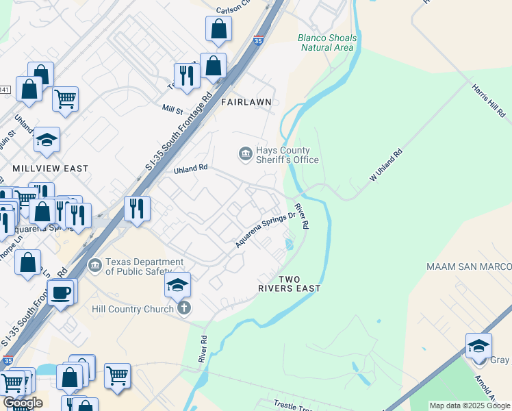 map of restaurants, bars, coffee shops, grocery stores, and more near 1975 Aquarena Springs Drive in San Marcos