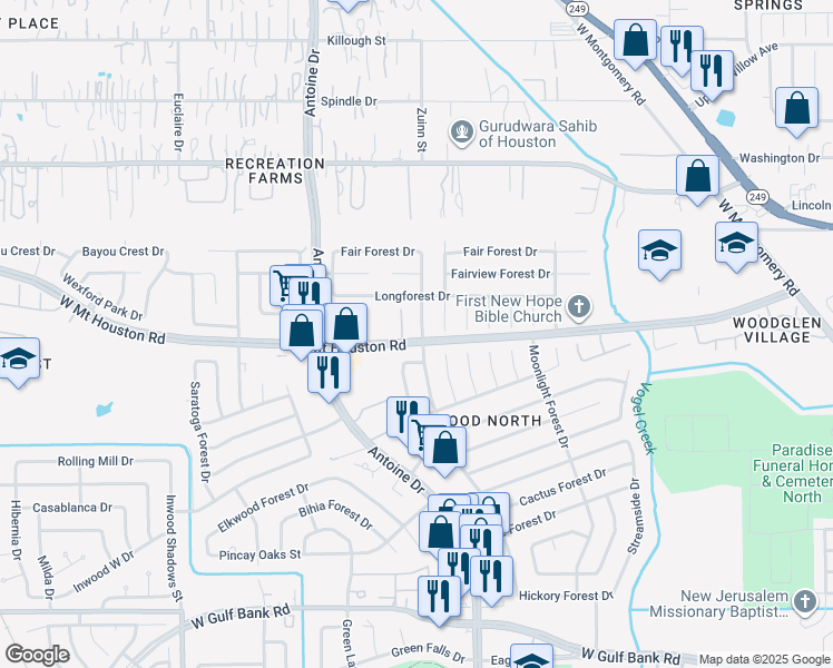 map of restaurants, bars, coffee shops, grocery stores, and more near 8731 Victoria Forest Drive in Houston