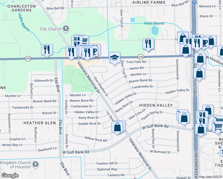 map of restaurants, bars, coffee shops, grocery stores, and more near 1323 Beaver Bend Road in Houston