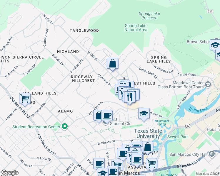 map of restaurants, bars, coffee shops, grocery stores, and more near 1003 Chestnut Street in San Marcos