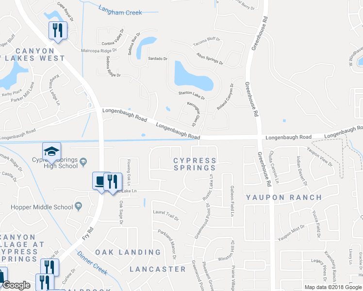map of restaurants, bars, coffee shops, grocery stores, and more near 7938 Chatham Springs Lane in Cypress