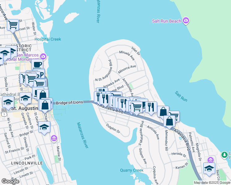 map of restaurants, bars, coffee shops, grocery stores, and more near 108 Alcazar Street in St. Augustine