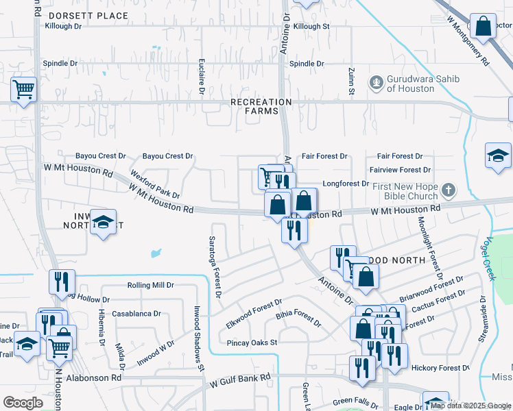 map of restaurants, bars, coffee shops, grocery stores, and more near 6118 West Mount Houston Road in Houston