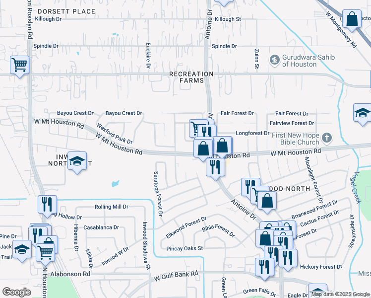 map of restaurants, bars, coffee shops, grocery stores, and more near 6118 West Mount Houston Road in Houston