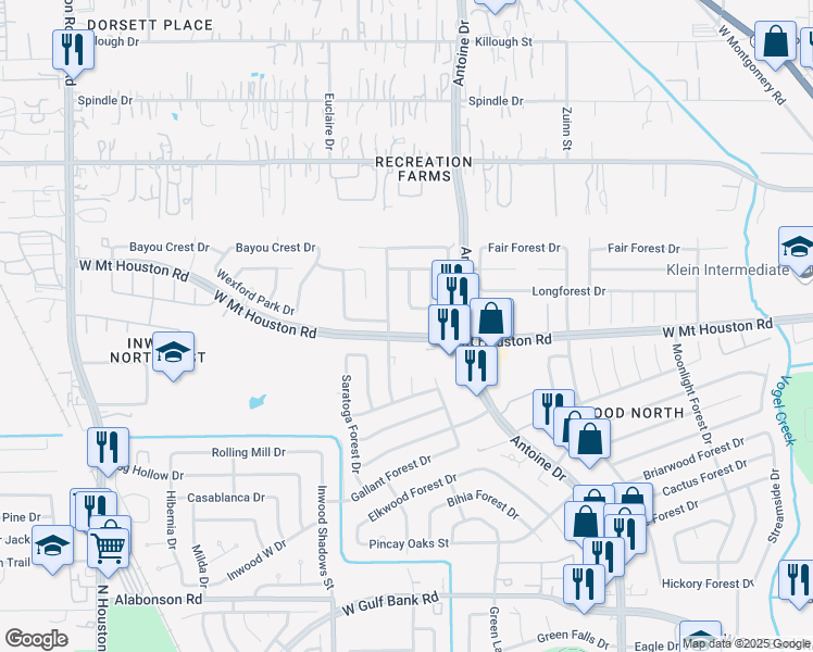 map of restaurants, bars, coffee shops, grocery stores, and more near 6118 West Mount Houston Road in Houston