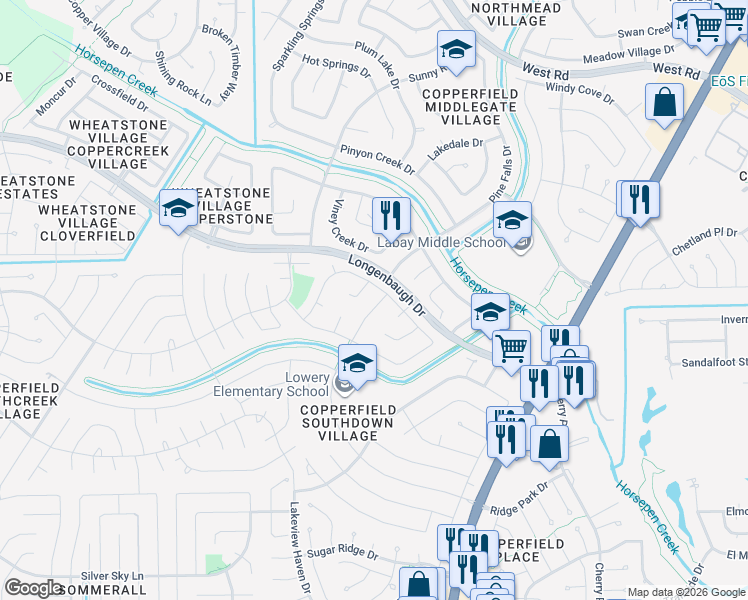 map of restaurants, bars, coffee shops, grocery stores, and more near 16119 Ridge Park Drive in Houston