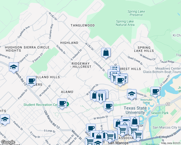 map of restaurants, bars, coffee shops, grocery stores, and more near 142 Windmill Drive in San Marcos