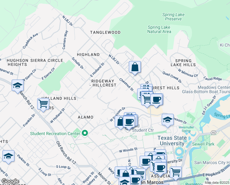 map of restaurants, bars, coffee shops, grocery stores, and more near 142 Windmill Drive in San Marcos