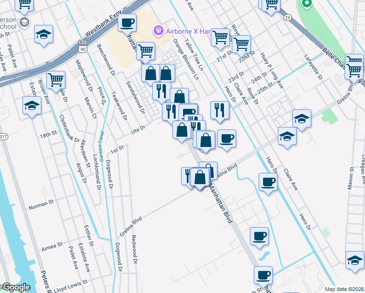 map of restaurants, bars, coffee shops, grocery stores, and more near 1326 Manhattan Boulevard in Harvey