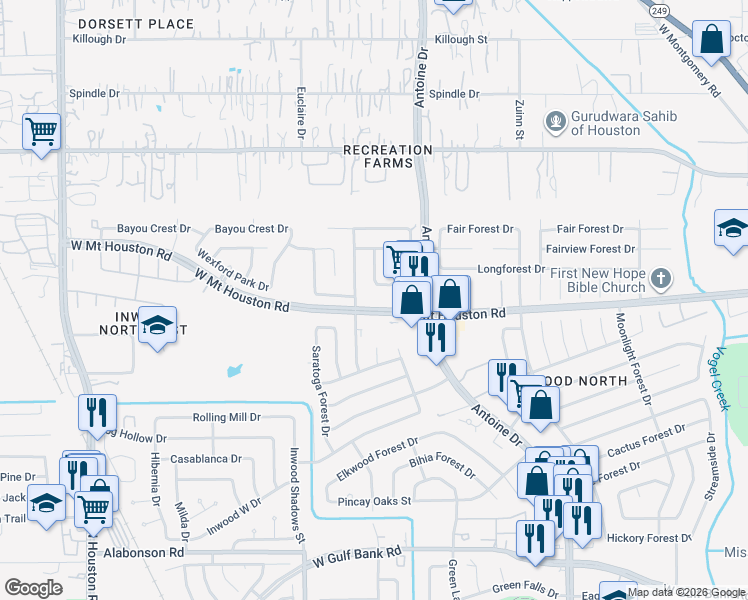 map of restaurants, bars, coffee shops, grocery stores, and more near 6118 West Mount Houston Road in Houston