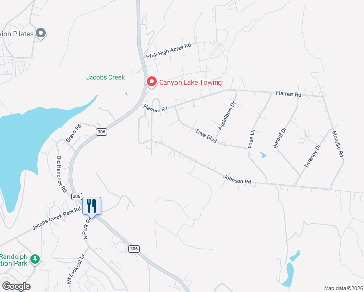 map of restaurants, bars, coffee shops, grocery stores, and more near 1172 Johnson Road in Canyon Lake