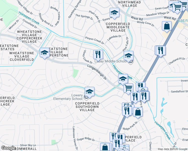 map of restaurants, bars, coffee shops, grocery stores, and more near 16119 Ridge Park Drive in Houston
