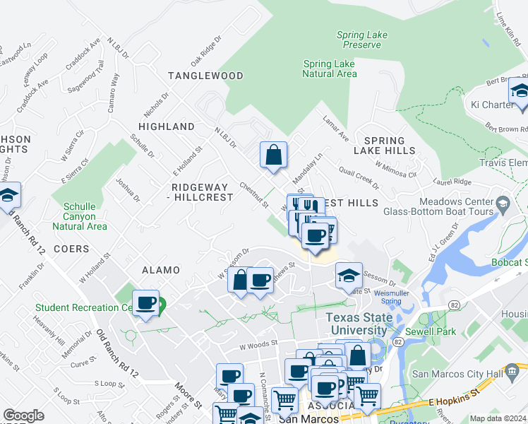 map of restaurants, bars, coffee shops, grocery stores, and more near 1013 Chestnut Street in San Marcos