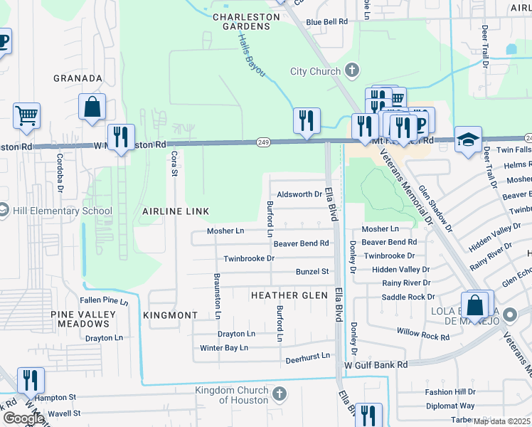 map of restaurants, bars, coffee shops, grocery stores, and more near 2102 Mosher Lane in Houston