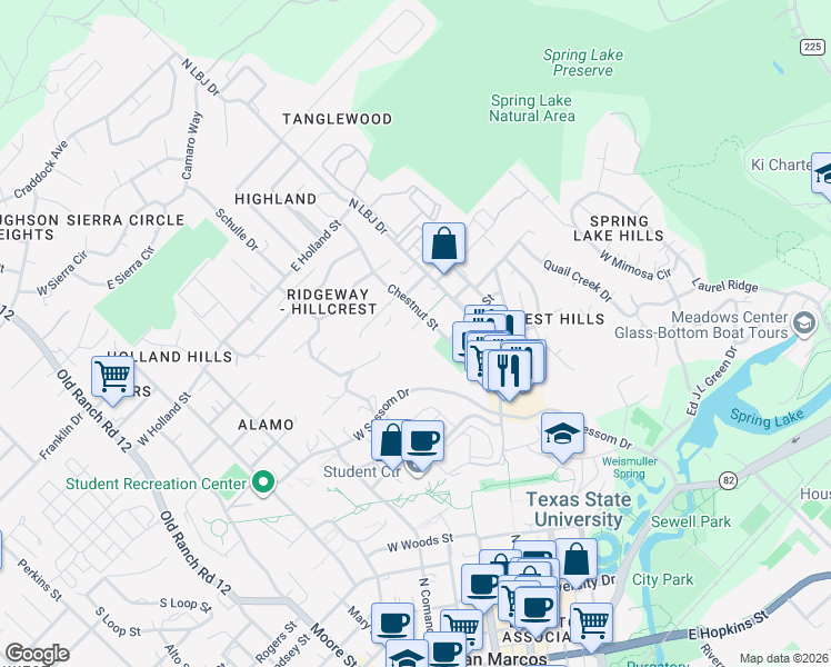 map of restaurants, bars, coffee shops, grocery stores, and more near 1003 Chestnut Street in San Marcos