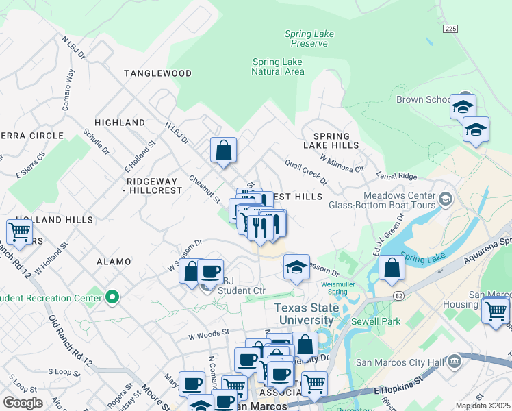 map of restaurants, bars, coffee shops, grocery stores, and more near 810 North LBJ Drive in San Marcos