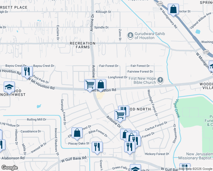 map of restaurants, bars, coffee shops, grocery stores, and more near 5800 W Mt Houston Rd in Houston