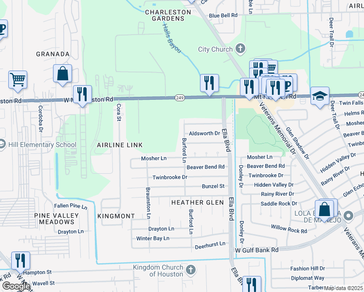 map of restaurants, bars, coffee shops, grocery stores, and more near 2102 Mosher Lane in Houston