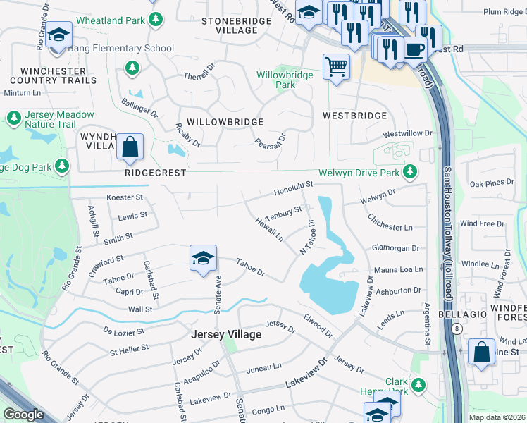 map of restaurants, bars, coffee shops, grocery stores, and more near 15814 Tenbury Street in Jersey Village