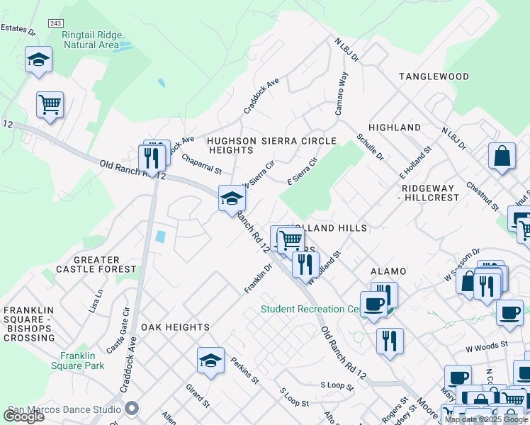 map of restaurants, bars, coffee shops, grocery stores, and more near 133 Coers Drive in San Marcos