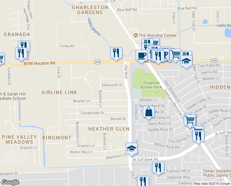 map of restaurants, bars, coffee shops, grocery stores, and more near 1935 Barnsley Lane in Houston