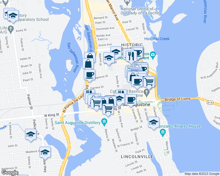 map of restaurants, bars, coffee shops, grocery stores, and more near 41 Carrera Street in St. Augustine