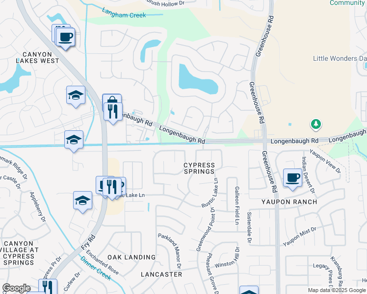 map of restaurants, bars, coffee shops, grocery stores, and more near 19906 Spring Wreath Ln in Cypress