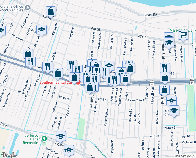 map of restaurants, bars, coffee shops, grocery stores, and more near 600 Saint Ann Street in Marrero