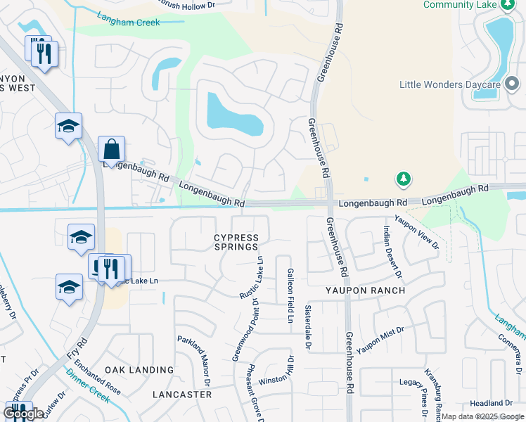map of restaurants, bars, coffee shops, grocery stores, and more near 19739 Benbrook Manor Lane in Cypress