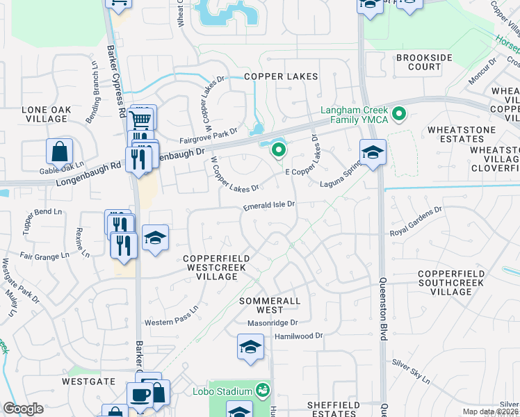 map of restaurants, bars, coffee shops, grocery stores, and more near 8003 West Copper Lakes Court in Houston