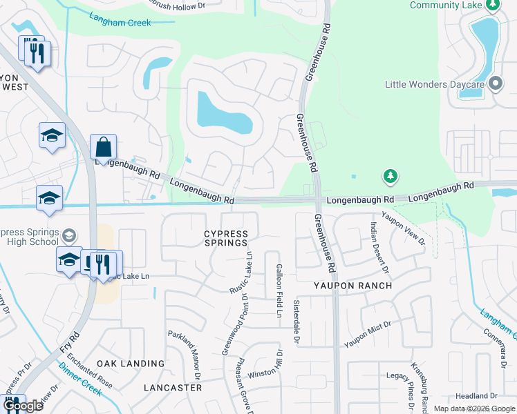map of restaurants, bars, coffee shops, grocery stores, and more near 19711 Benbrook Manor Lane in Cypress