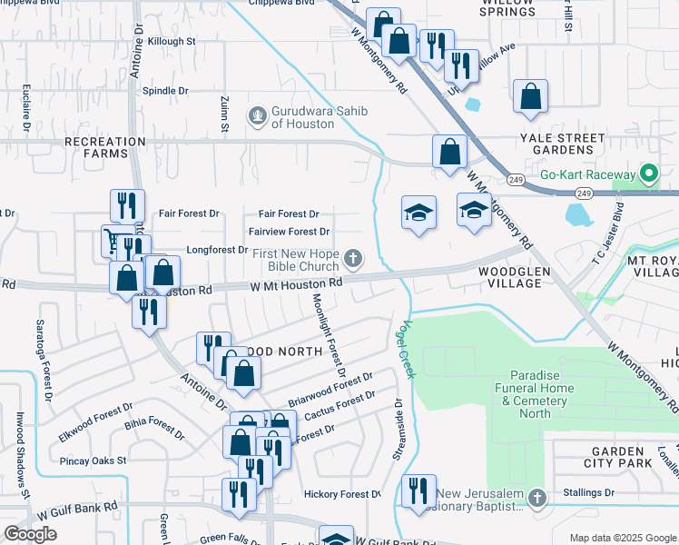 map of restaurants, bars, coffee shops, grocery stores, and more near 8806 Trailridge Forest Drive in Houston