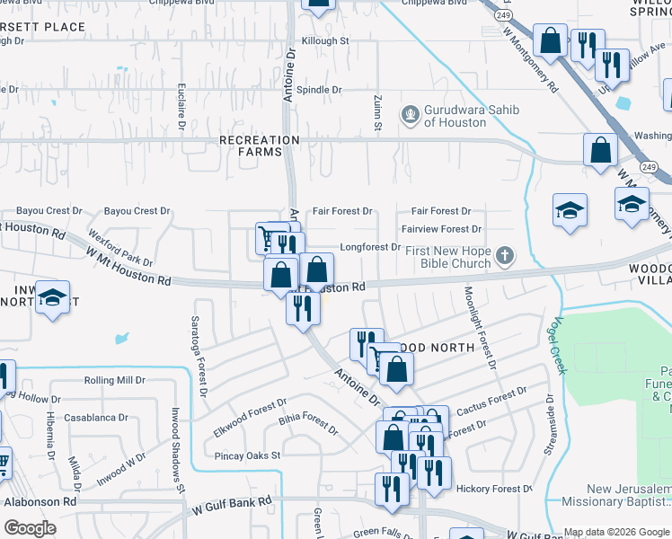 map of restaurants, bars, coffee shops, grocery stores, and more near 5800 W Mt Houston Rd in Houston