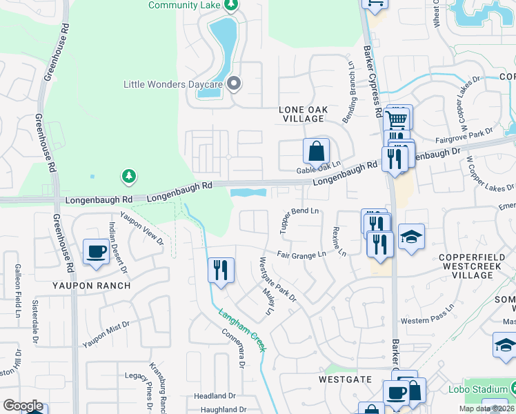 map of restaurants, bars, coffee shops, grocery stores, and more near 18422 Westgate Springs Lane in Cypress