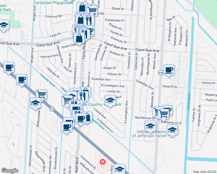 map of restaurants, bars, coffee shops, grocery stores, and more near 2128 Guardian Avenue in Terrytown