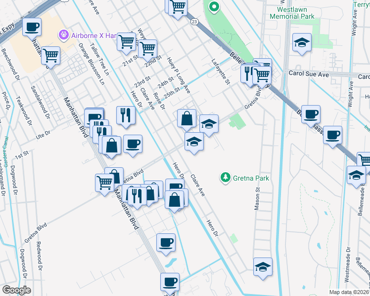 map of restaurants, bars, coffee shops, grocery stores, and more near 1130 Gretna Boulevard in Gretna