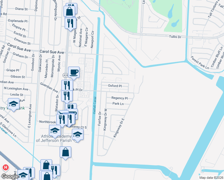 map of restaurants, bars, coffee shops, grocery stores, and more near 2419 Ashley Drive in Terrytown
