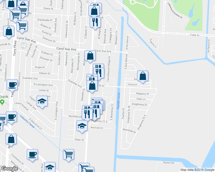 map of restaurants, bars, coffee shops, grocery stores, and more near 798 Carrollwood Village Drive in Terrytown