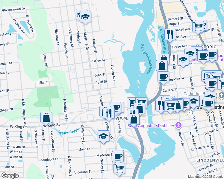 map of restaurants, bars, coffee shops, grocery stores, and more near 7 Nesmith Avenue in St. Augustine