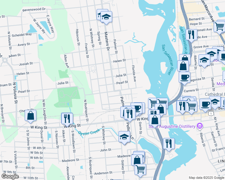 map of restaurants, bars, coffee shops, grocery stores, and more near 18 Pearl Street in St. Augustine