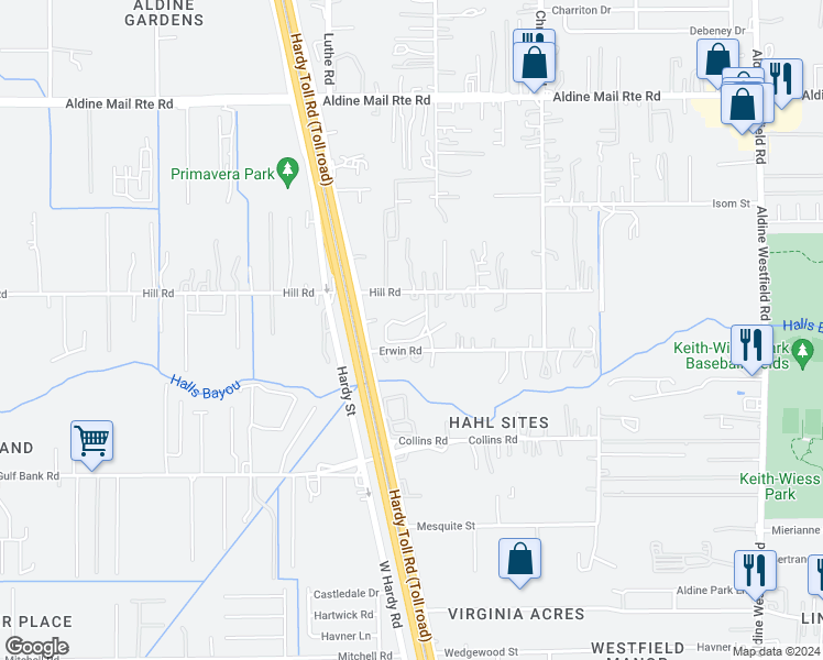 map of restaurants, bars, coffee shops, grocery stores, and more near 1414 Hill Road in Houston
